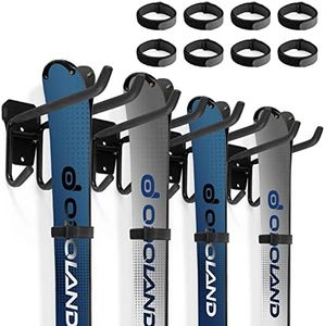 Odoland Kit de Support de Rangement à Skis pour Snowboards de 4 Paires, avec 4 Supports de Stockage Mural et 8 Sangles en Velcro, Support Mural Skis pour Maison et Garage