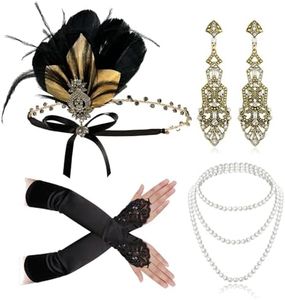 Cizoe 1920s Gatsby Accessories Set for Women Flapper Headband 20s Headpiece Necklace Gloves(fe), Fe, One size