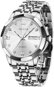 OLEVS Silver Watch for Men Luxury Automatic Self Winding Stainless Steel Analog Large Face Water Resistance Watches for Men Dress Day Date Classic Mens Watches
