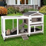 Petscosset Rabbit Hutch - Indoor Rabbit Cage with Two Story, Wooden Bunny Cage on Wheels, Ramp