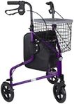 DAYS Lightweight Aluminum Folding 3 Wheel Tri Walker with Lockable Brakes, Adjustable Height, Limited Mobility Aid, Purple with Bag, Basket and Tray