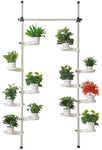 Indoor Plant Storage, FOME Metal Spring Double Pole Stand Corner Flower Display Rack Plant Storage Shelf Hanging Plant Stand Planter Rack Indoor with 12 Trays 2 Hooks 1 Telescopic Rod