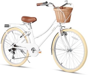 Glerc 24 Inch Beach Cruiser Bike, 6-Speed Hybrid City Bicycle for Girls Youth and Over 6 Years Old, Missy Bike with Wicker Basket & Lightweight, White
