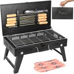 Pivalo Charcoal Barbeque Grill Set | Tandoori BBQ for Home & Outdoor Use | 4-Piece Combo | 8 Skewers | 1 Glove | 1 Tong | Foldable Standing BBQ for Camping, Picnic & Travel Cooking (Pack of 1, Black)