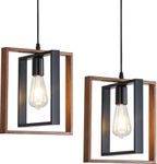 Capslpad Modern Pendant Light Fixture Rustic Farmhouse Hanging Light Small Square Frame Chandeliers Adjustable Kitchen Island Lighting for Entryway Dining Room Hallway （2 Packs Faux-Wood+Metal）