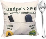 Grandpa Gifts, 2-Pocket Grandpa’s Spot Throw Pillow Covers 18x18 Inch + Engraved Spoon, Father’s Day Birthday Christmas Thanksgiving Day Gifts for Papa, Granddad