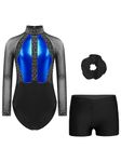 Jhaoyu Kids Girls Long Sleeve Gymnastics Leotards with Athletic Shorts and Hairband Ballet Dance Outfits Biketard Blue&Black 7-8 Years