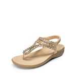 DREAM PAIRS Women's Comfortable Dressy Flat Sandals Rhinestone Elastic T-Strap Thong Sandals for Summer Beach, Nude, 9