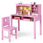 GYMAX Kids Desk and Chair Set, Wooden Children Study Table with Storage Space and Bulletin Board, Toddler Writing Desk Set for Boys Girls (Pink)
