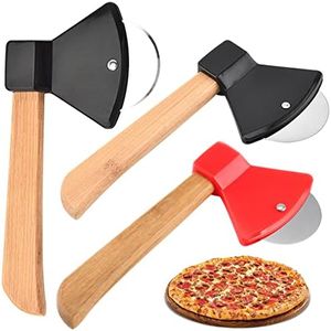 Cortador de Pizza Profesional,Forreen 3 Piezas Cuchillo de Pizza Antiadherente Creativo Forma de Hacha Cortapizzas de Acero Inoxidable con Mango de Madera para Pizza Pan Masa,Color Aleatorio