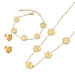 3Pc 18K Gold Plated Flower Design Stainless Steel Necklace for Women Girl, Elegant Floral Style Necklace Bracelet Jewelry Gift (Green 3pcs)