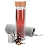 Navaris Glass Water Bottle 500ml - Double Wall Borosilicate Glass Tea Bottle with Stainless Steel Infuser, Bamboo Lid, Non-Slip Neoprene Sleeve (Grey)