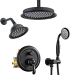 Homekicen Matte-Black Antique Shower System, 9" Ceiling Mounted & 6" Wall Mount Dual Rain Head and Handheld Spray, Vintage Rainfall Faucet Sets, 3 Way Diverter Brass Rough in Valve with Trim Kit