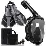 Viginsul Mask Fins Snorkel Set for Adults, Full Face Snorkel Mask & Adjustable Swim Fins, Panoramic View Snorkeling Mask with Dry Top System & Gear Bag, Anti-Leak Anti-Fog (Black, Mask L/XL+Fins L/XL)