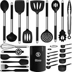 Large Silicone Cooking Utensils Set - Heat Resistant Kitchen Utensils Sets,Spatula,Spoon,Turner Tongs,Brush,Whisk,Stainless Steel Silicone Cooking Utensil for Nonstick Cookware,Dishwasher Safe (Black)