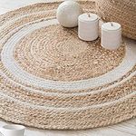 VANU® Handwoven Jute Rug Round and Rectangle Design Natural Fibers, Braided Reversible, Runner, Kitchen Rugs, Hallway, Rug for Living & Bedroom, Hand Woven (90 cm Round, White des)