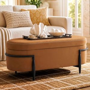 ModernMate Storage Ottoman, Storage Chest Bench with Legs, End of Bed Bench with Safety Hinges for Living Room, Bedroom, Synthetic Leather, Cognac