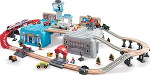 Hape Super Cityscape Transport Bucket | Wooden Toy Train Set with City Scenes, Plane, Battery-Powered Engine, for Children 3+ Years