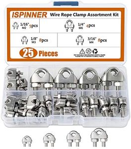 ISPINNER 25pcs Stainless Steel Wire Rope Cable Clip Clamp Assortment Kit 1/16" 1/8" 3/16" 1/4"