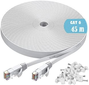 Ethernet Cable, 45M / 150ft Cat6 White Flat Network Internet Cord with Cable Clips - Ikerall RJ45 Connector High Speed Internet Cable 45 Meters (Faster Than Cat5e Cat5)