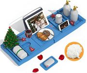 Domax Bathtub Caddy Tray - Expandable Bamboo Tub Tray for Luxury Spa Bath with Book Holder Free Soap Dish Blue