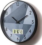 Stylish Silent Non-Ticking Round Digital Wall Clock Grey for Living Room Decor Analog Clocks Large Display Battery Operated Wall Mount Clock with Temperature Date Time Week for Office Bedroom 12 Inch