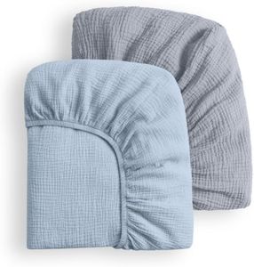 Blissful Diary Muslin Crib Sheets for Girl Boy, Boho Neutral Soft Cotton Baby Sheet for 52''x28'' Standard Crib Mattress, 2 Pack(Light Blue&Grey)