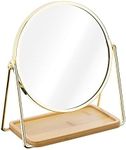 Navaris Vanity Mirror with Tray - Double-Sided Table Top Makeup Mirror with 1x/2x Magnification and Bamboo Base - for Bathroom, Bedroom, Desk - Gold