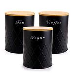 Fasmov 3 Pack Kitchen Canister Set, Coffee, Sugar, and Tea Storage Container Jars with Bamboo Lids for storing Sugar, Coffee and Tea, Black