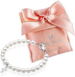 Baby Crystals Infant White European Simulated Pearl Bracelet with Sterling Silver Cross Charm - Baptismal & Baby's Baptism Gifts for Baby Girl, Elegant Girls Jewelry