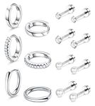 Jstyle 7 Pairs Sterling Silver Studs Earrings Set for Multiple Piercing Hoops Set Flat Back Cartilage Earrings Tiny Cubic Zirconia pearl Studs Earrings for Women, Sterling Silver, Cubic Zirconia,