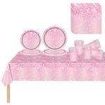 81 Pcs Baby Pink Party Tableware Set for Her,Girls,Women,Pink Paper Plates Cups Napkins Pink Tablecloth,Pink Sparkling Dinnerware Set for Kids Adult Birthday,Wedding,Baby Shower Party Pink Tableware