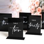 UNIQOOO Black Wedding Double Sided Table Numbers with Stands 1-20 Set, 5x7'' Acrylic Signs with Holders and Printed Calligraphy, Seat Display Wedding Decor Perfect for Centerpiece, Reception