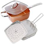 Cera Titanware 4pc Copper Non-Stick Deep Sided Square Pan Kit - Deep Frying Basket, Steamer, Lid. Oven proof, Induction Base - Great for Deep & Shallow Frying, Stir Fry, Roasting, Baking & Casseroles