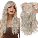 Hairro Hair Toppers for Women 18 inch Mixed Silvery Grey Mixed Ash Blonde Large Silk Base Hair Topper Long Curly Wavy Synthetic Hair Toppers Realistic Cover Thinning Hair Loss Daily Use Hair Piece