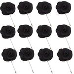 12Pack-Black Flower Lapel Pins Stick Brooch, Handmade Camellia Flower Boutonniere for Men Women Suit Wedding Party