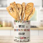 Taesun Bonus Mom Gifts, Mothers Day Bonus Mom Gifts from Bonus Daughter Ceramic Utensil Holder with Wooden Spoons Set, Bonus Mom Gift Cooking Tools Kitchen Utensils Set with Wooden Spatulas for 6