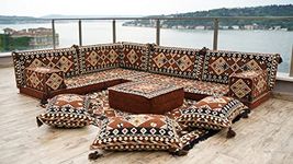 Brown Moroccan Home Decor Cushion, 4" Thickness Corner Floor Seating Set, L Shaped Floor Couch, Sectional Sofa Set, Floor Pillows, Arabic Majlis (L Sofa Full Set, 8'' Thickness (20 cm))