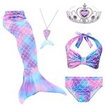 Suffolly 5Pcs Girls Swimsuit Mermaid Tails for Girls, Swimming Bathing Suit,Mermaid Bikini Kids Purple,130