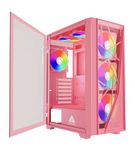 Apevia Aurora-PK Aurora Mid Tower Gaming PC Case w/ 6X 120mm PWM ARGB Fans, 366 RGB Light Modes, 1x Glass & Mesh Front Panel, 1x Door Swivel Style Magnetic Glass Side Panel, 2X USB3.0, Pink