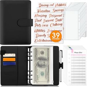 Sooez Money Bill Organizer for Cash, A6 Money Saving Budget Binder with Cash Envelopes, Rose Gold Sticky Labels &Extra Thick Expense Sheets, Budget Book Cash Envelopes for Budgeting, Black