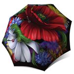 Wild Poppies Umbrella Red Design - Extra Large Colourful Floral Umbrella Windproof - Stick Designer Umbrella for Ladies with Hook Handle - Strong Quality Fashion Umbrella for Rain