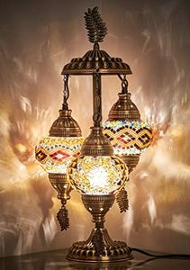 DEMMEX 3 Globes Turkish Moroccan Mosaic Bohemian Table Desk Bedside Night Lamp Light Lampshade, Exotic Oriental Colorful Mosaic Glasses Table Lamp, Antique Brass Color Metal Body, 21" (Amber - Brown)