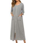 Bloggerlove Zipper Front Robes Women House Coat Half Sleeve Loungewear Long Nightgown with Pockets S-XXL, Grey and Black Stripes, Medium