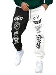 WDIRARA Men's Cartoon Letter Graphic Sweatpants Color Block Drawstring Waist Jogger Pants with Pockets, Black and White, Medium