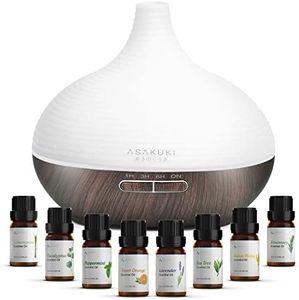 ASAKUKI Diffuseur d'Huiles Essentielles 300ml avec 8 * 10ml Top Huiles Essentielles,Humidificateur Ultrasonique Diffuseur Aromathérapie, Arrêt Automatique pour Salon,Yoga,Maison
