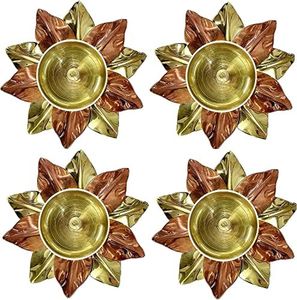 Craftsman 4 Pc Set of Brass Copper Lotus Flower Petals Kamal Shape Metal Akand Diya for Traditional Indian Festive Diwali Deepawali Puja Pooja Dia Home Temple Decoration Oil Lamp Gift Items.