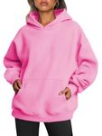 Famulily Ladies Long Sleeve Oversized Hoodie Trendy Solid Color Crew Neck Vintage Pullover Sweatshirts Hot Pink M