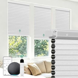 Allesin No Drill Motorized Cellular Shades Quiet Motor Smart Honeycomb Blinds with App and Voice Control Rechargeable Solar Option Aluminum Rails(48" W x 64" H, 100% Blackout Silver White)