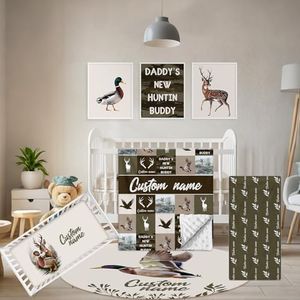 Terwex Personalized Crib Bedding Set, 5 Pcs Custom Name Nursery Bedding Set with Double Layer Blanket, Green Woodland Deer Baby Crib Set for Boys Girls, Customized Gifts for Toddlers Infants Babies